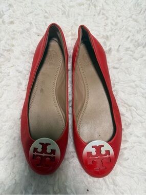 Tory Burch Red Leather Logo Ballet Flats